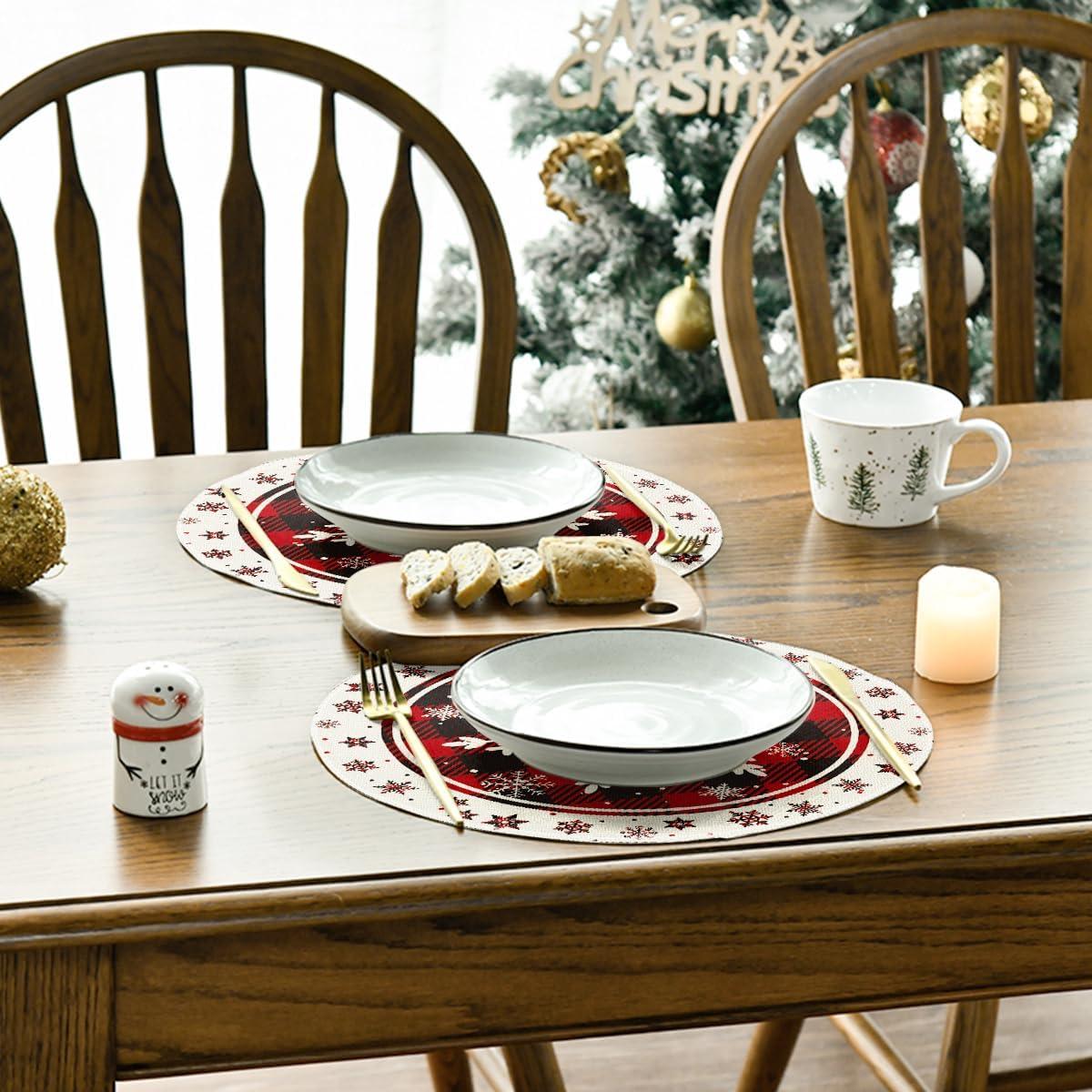 image:imageArtoid Mode Gray Buffalo Plaid Snowflakes Winter Placemats Set of 4 12x18 Inch Christmas Table Mats for Party Kitchen Dining DecorationRed