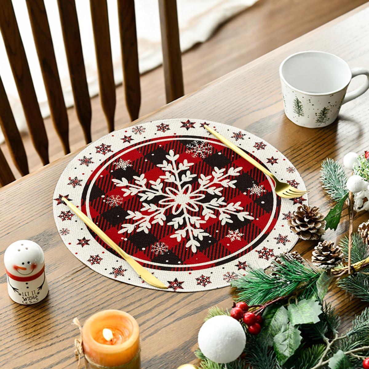 image:imageArtoid Mode Gray Buffalo Plaid Snowflakes Winter Placemats Set of 4 12x18 Inch Christmas Table Mats for Party Kitchen Dining DecorationRed