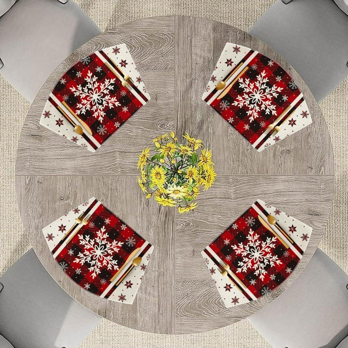 image:imageArtoid Mode Gray Buffalo Plaid Snowflakes Winter Placemats Set of 4 12x18 Inch Christmas Table Mats for Party Kitchen Dining DecorationRed