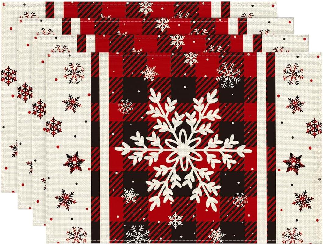 image:imageArtoid Mode Gray Buffalo Plaid Snowflakes Winter Placemats Set of 4 12x18 Inch Christmas Table Mats for Party Kitchen Dining DecorationRed
