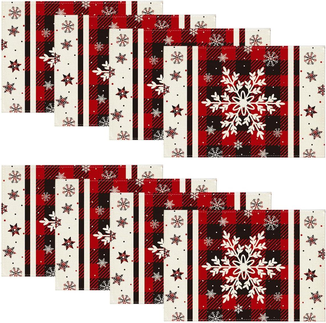 image:imageArtoid Mode Gray Buffalo Plaid Snowflakes Winter Placemats Set of 4 12x18 Inch Christmas Table Mats for Party Kitchen Dining DecorationRed