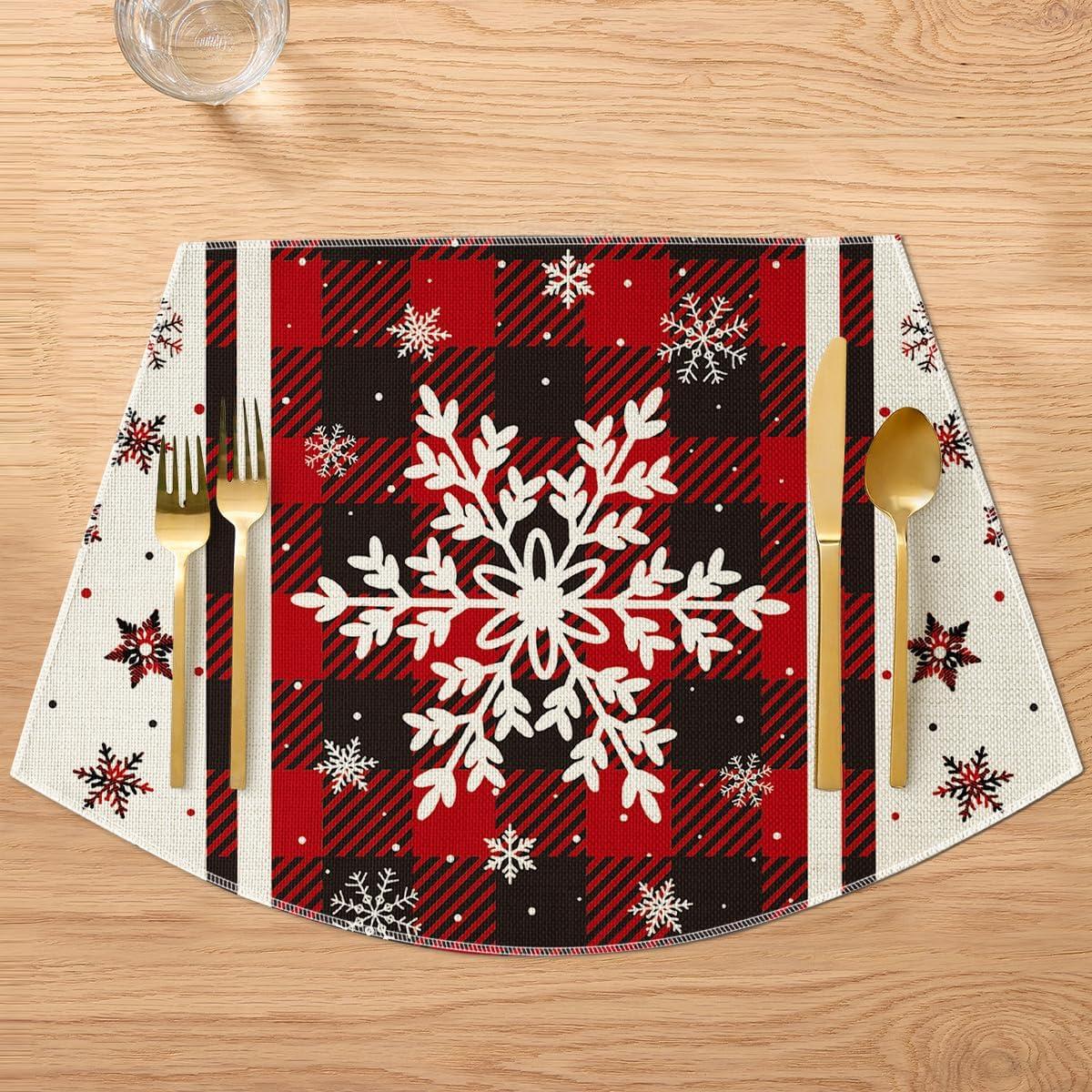 image:imageArtoid Mode Gray Buffalo Plaid Snowflakes Winter Placemats Set of 4 12x18 Inch Christmas Table Mats for Party Kitchen Dining DecorationRed