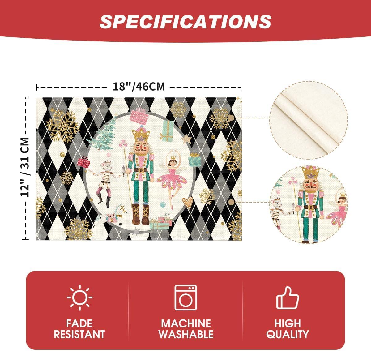 image:imageArtoid Mode Red Diamond Plaid Nutcracker Snowflake Christmas Placemats Set of 4 12x18 Inch Winter Table Mats for Home Party Kitchen Dining DecorBlack