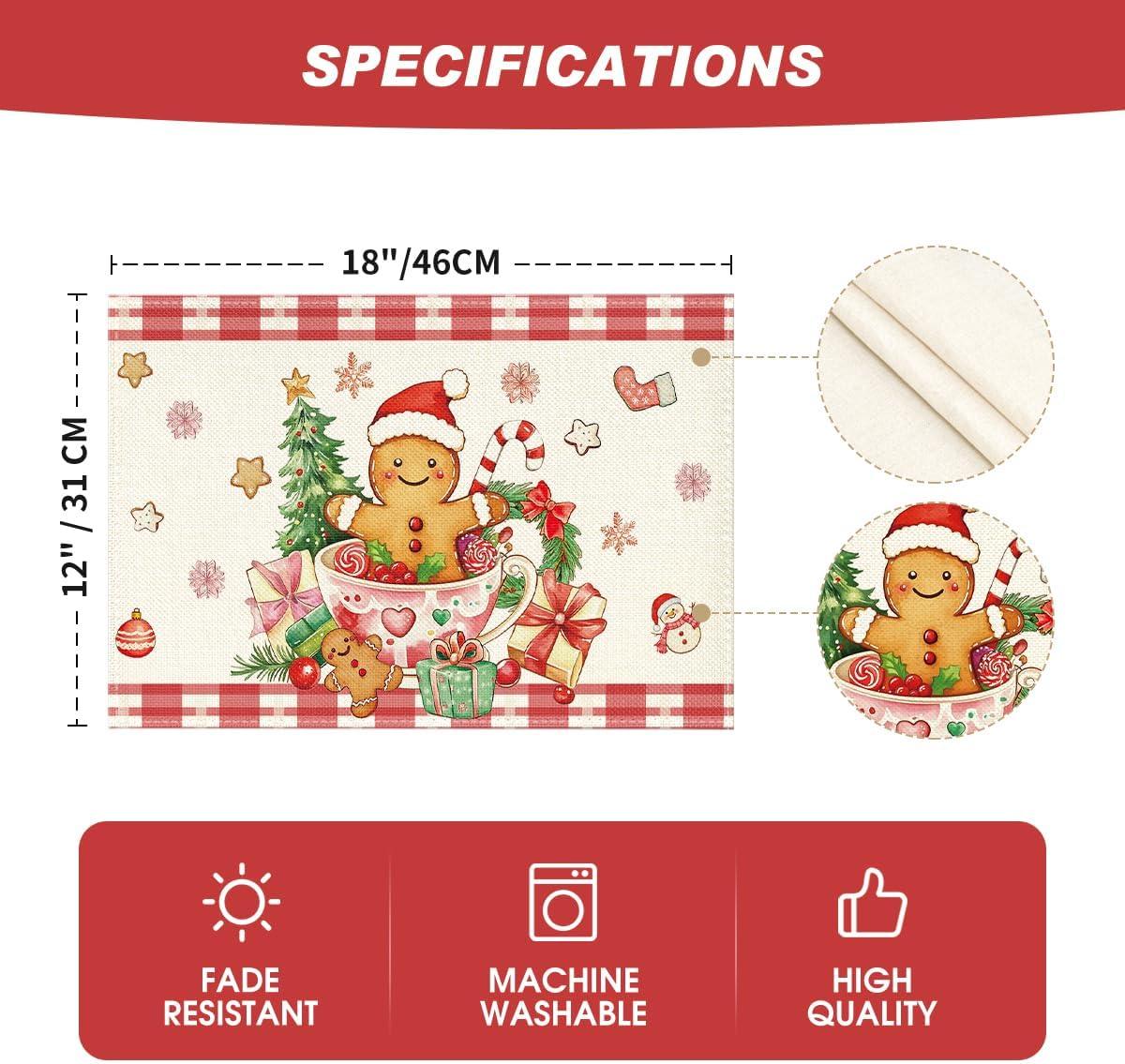 image:imageArtoid Mode Red Gingerbread Gifts Merry Christmas Placemats Set of 4 12x18 Inch Seasonal Winter Holiday Table Mats for Party Kitchen Dining Decoration