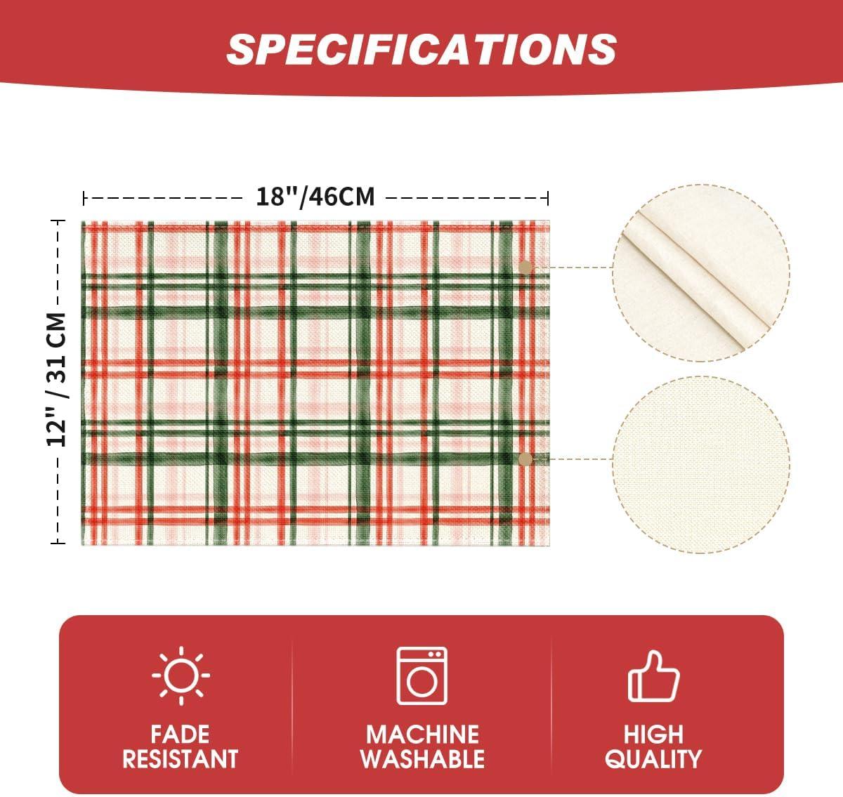image:imageArtoid Mode Red Green Buffalo Plaid Christmas Placemats Set of 4 12x18 Inch Seasonal Winter Table Mats for Party Kitchen Dining DecorationRedGreen