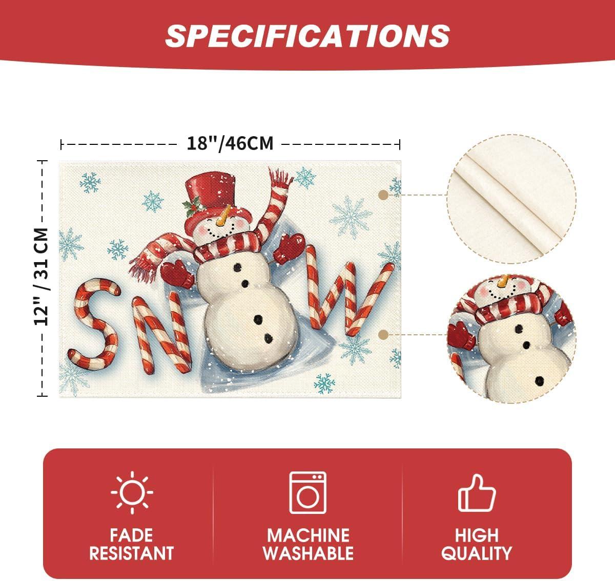 image:imageArtoid Mode Red Snow Snowman Winter Placemats Set of 4 12x18 Inch Seasonal Holiday Christmas Place Mats for Party Dining TableRed