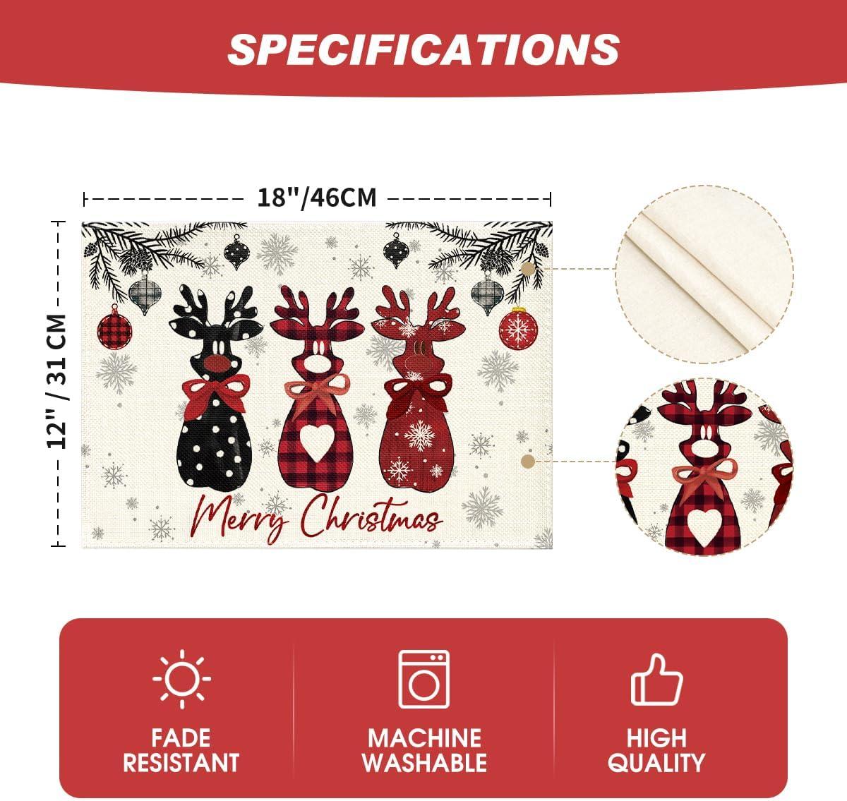 image:imageArtoid Mode Wood Reindeer Christmas Placemats Set of 4 12x18 Inch Seasonal Winter Holiday Place Mats for Party Dining TableRed