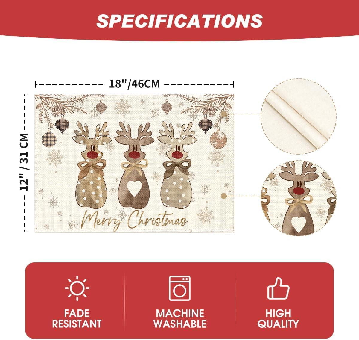 image:imageArtoid Mode Wood Reindeer Christmas Placemats Set of 4 12x18 Inch Seasonal Winter Holiday Place Mats for Party Dining TableWood