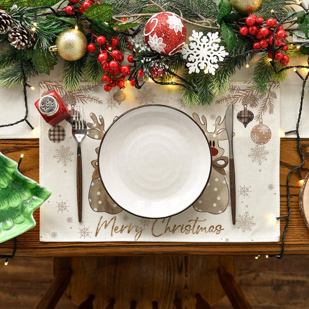 image:imageArtoid Mode Wood Reindeer Christmas Placemats Set of 4 12x18 Inch Seasonal Winter Holiday Place Mats for Party Dining TableWood
