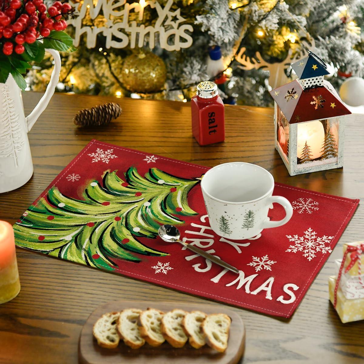 image:imageArtoid Mode Xmas Pine Red Mreey Christmas Placemats Set of 4 12x18 Inch Winter Table Mats for Table Runner Party Kitchen Dining Decoration