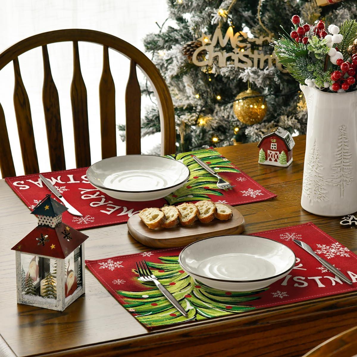 image:imageArtoid Mode Xmas Pine Red Mreey Christmas Placemats Set of 4 12x18 Inch Winter Table Mats for Table Runner Party Kitchen Dining Decoration