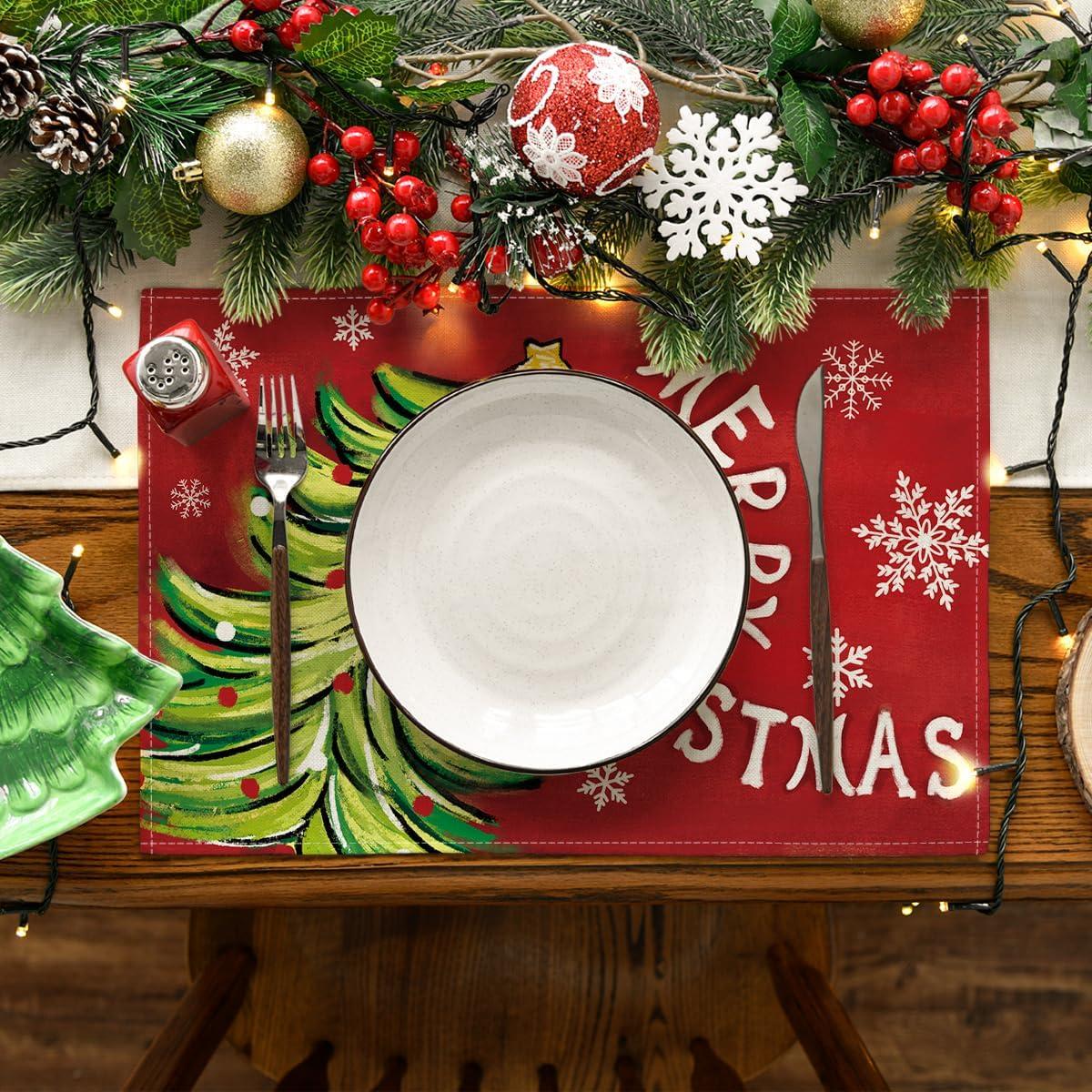 image:imageArtoid Mode Xmas Pine Red Mreey Christmas Placemats Set of 4 12x18 Inch Winter Table Mats for Table Runner Party Kitchen Dining Decoration