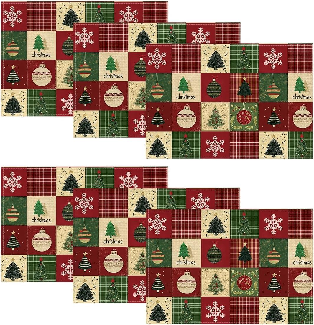 image:imageArtoid Mode Xmas Trees Christmas Balls Placemats Set of 4 12x18 Inch Table Mats for Winter New Year Holiday Party Kitchen Dining DecorationRed