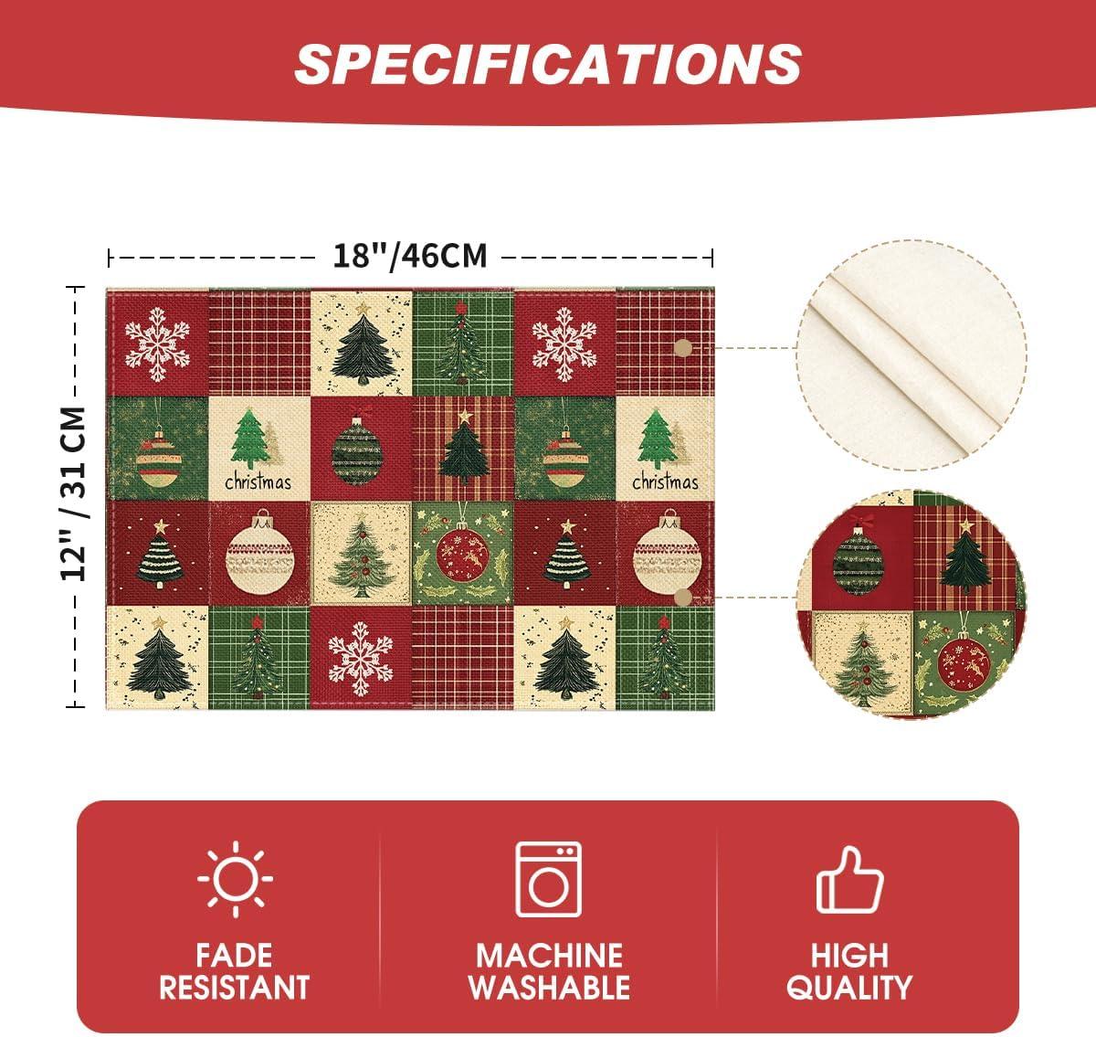image:imageArtoid Mode Xmas Trees Christmas Balls Placemats Set of 4 12x18 Inch Table Mats for Winter New Year Holiday Party Kitchen Dining DecorationRed