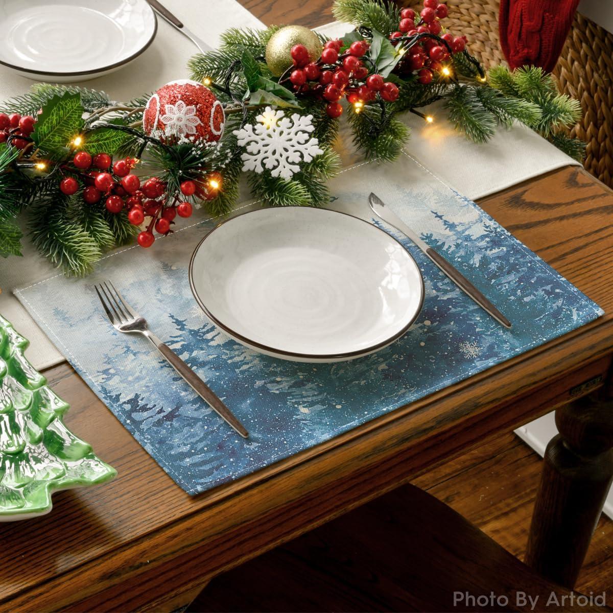 image:imageArtoid Mode Xmas Trees Winter Placemats Set of 4 12x18 Inch Seasonal Blue Christmas Table Mats for Party Kitchen Dining DecorationBlue