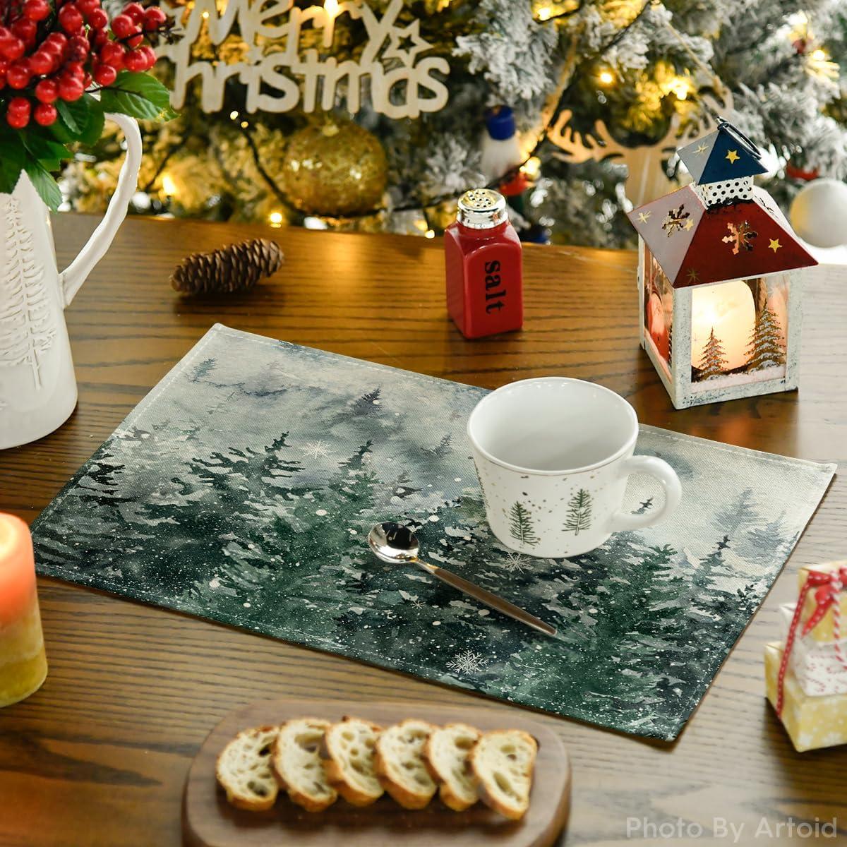image:imageArtoid Mode Xmas Trees Winter Placemats Set of 4 12x18 Inch Seasonal Blue Christmas Table Mats for Party Kitchen Dining DecorationGreen