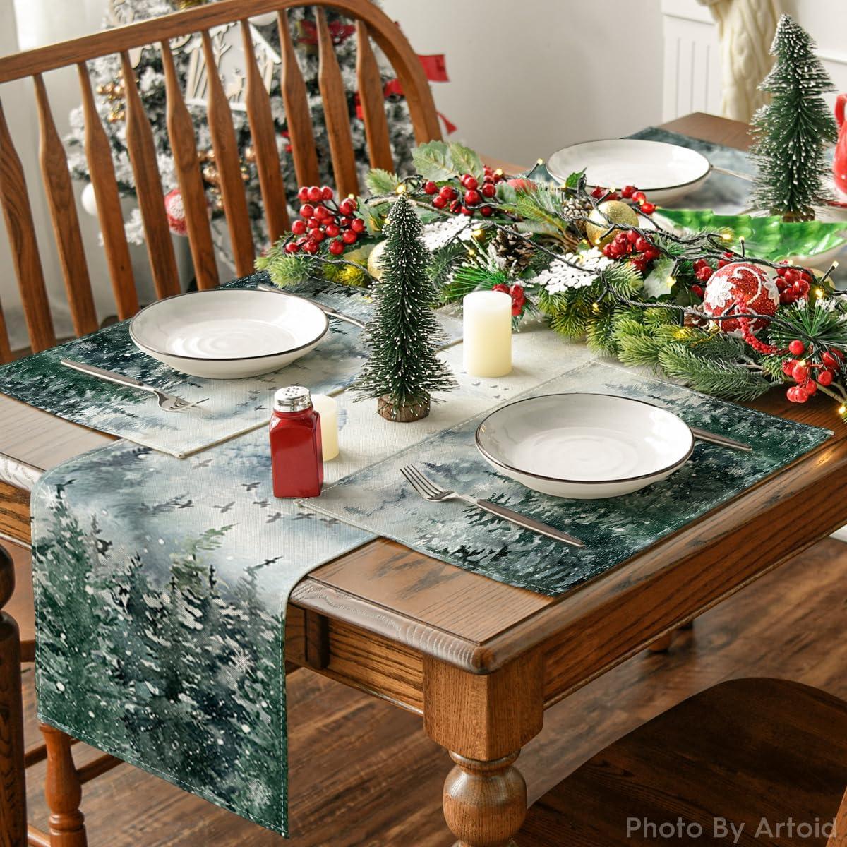 image:imageArtoid Mode Xmas Trees Winter Placemats Set of 4 12x18 Inch Seasonal Blue Christmas Table Mats for Party Kitchen Dining DecorationGreen