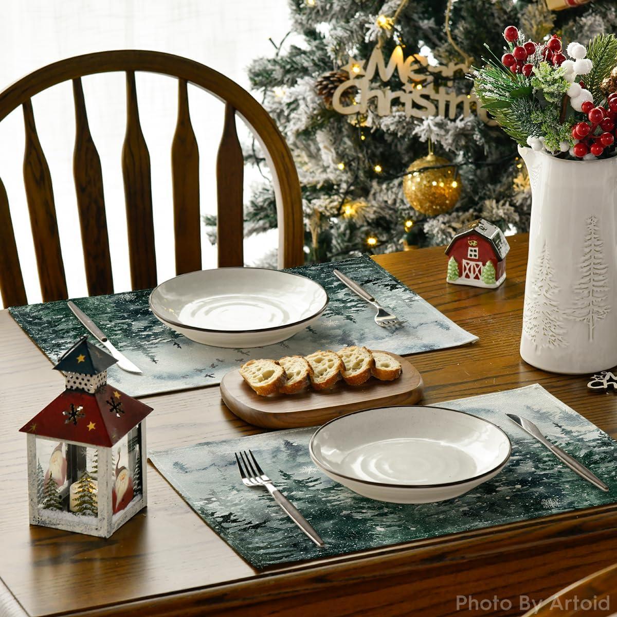 image:imageArtoid Mode Xmas Trees Winter Placemats Set of 4 12x18 Inch Seasonal Blue Christmas Table Mats for Party Kitchen Dining DecorationGreen