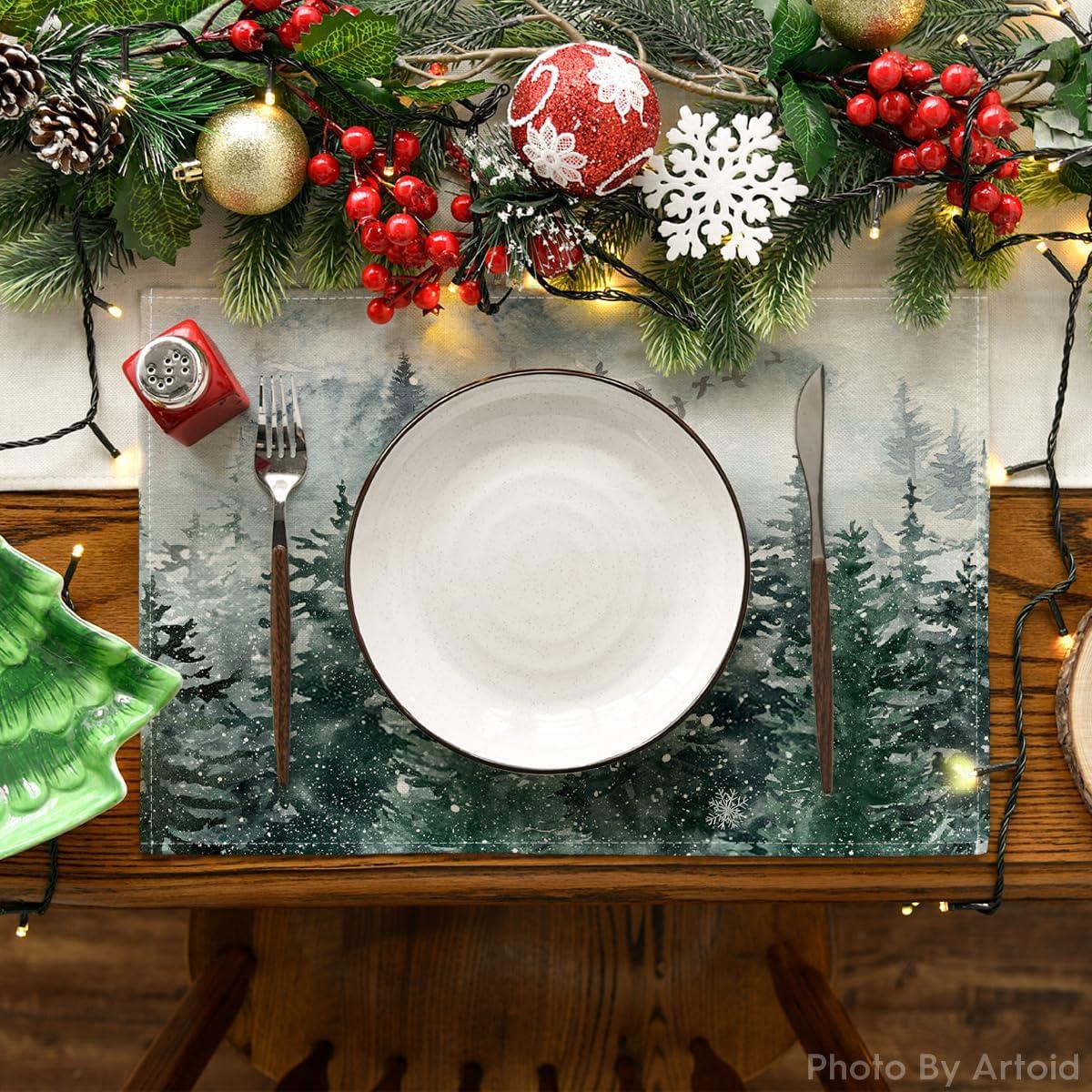 image:imageArtoid Mode Xmas Trees Winter Placemats Set of 4 12x18 Inch Seasonal Blue Christmas Table Mats for Party Kitchen Dining DecorationGreen