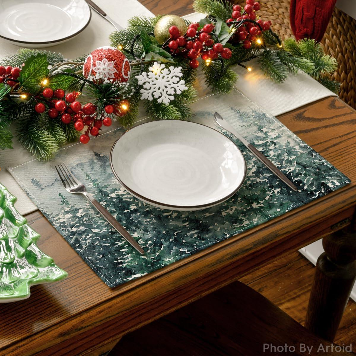 image:imageArtoid Mode Xmas Trees Winter Placemats Set of 4 12x18 Inch Seasonal Blue Christmas Table Mats for Party Kitchen Dining DecorationGreen