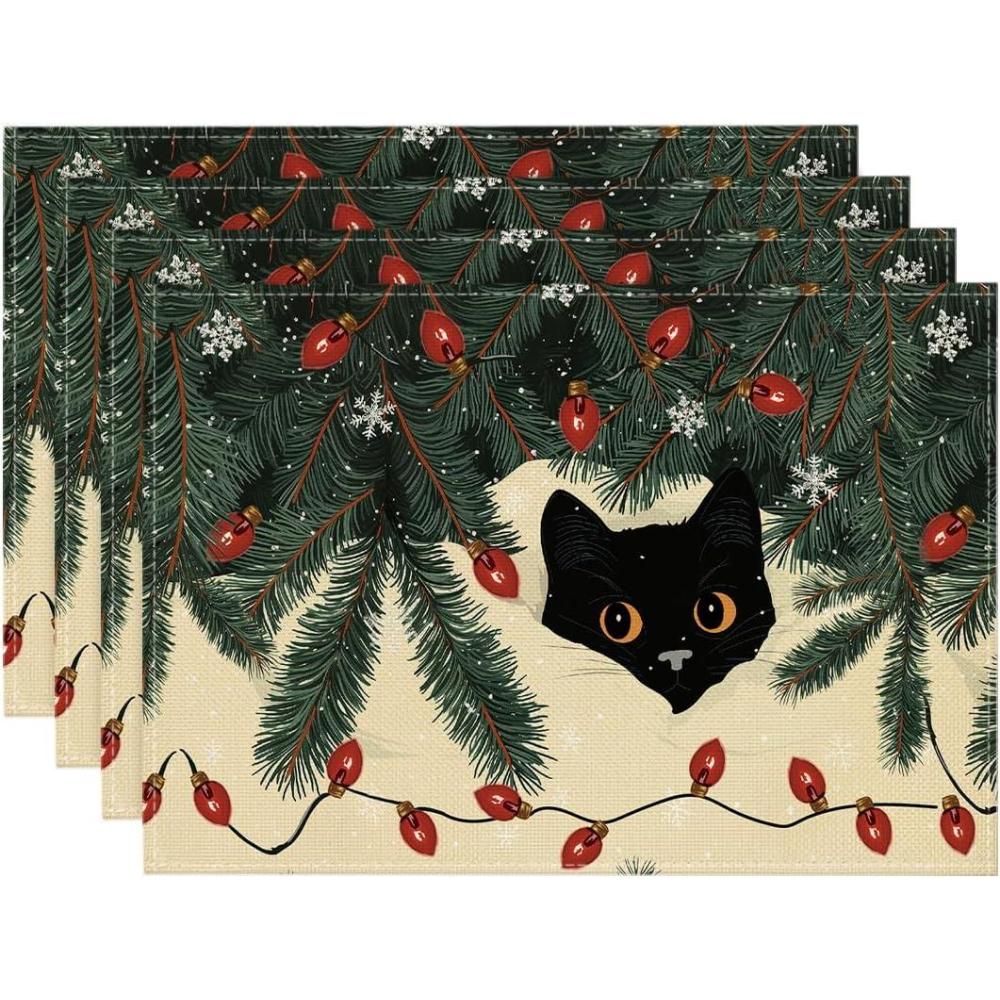 image:imageArtoid Mode Christmas Lights Cat Placemats Set of 4 12x18 Inch Seasonal Winter Holiday Place Mats for Party Dining Table