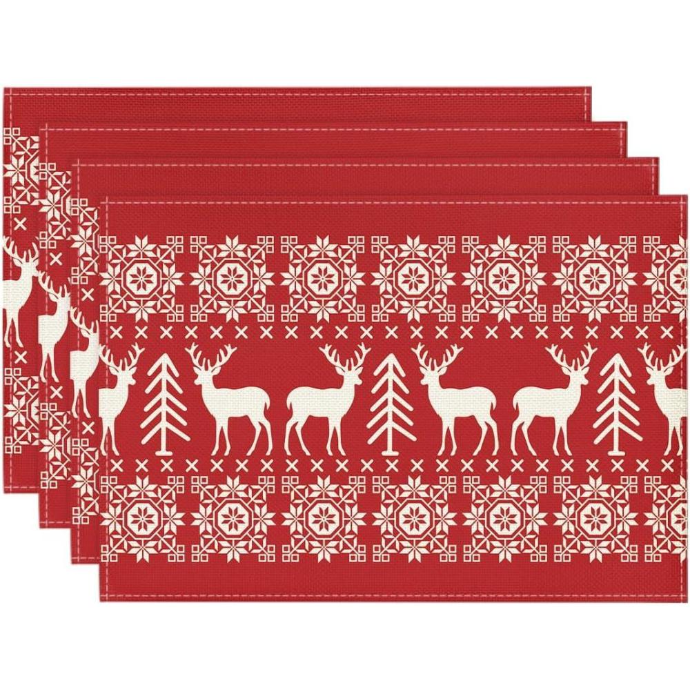 image:imageArtoid Mode Fair Isle Pattern Deers Winter Placemats Set of 4 12x18 Inch Christmas Table Mats for Table Runner Party Kitchen Dining DecorationRed
