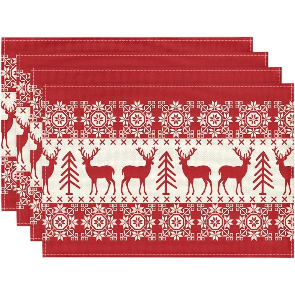 image:imageArtoid Mode Fair Isle Pattern Deers Winter Placemats Set of 4 12x18 Inch Christmas Table Mats for Table Runner Party Kitchen Dining DecorationRedBeige