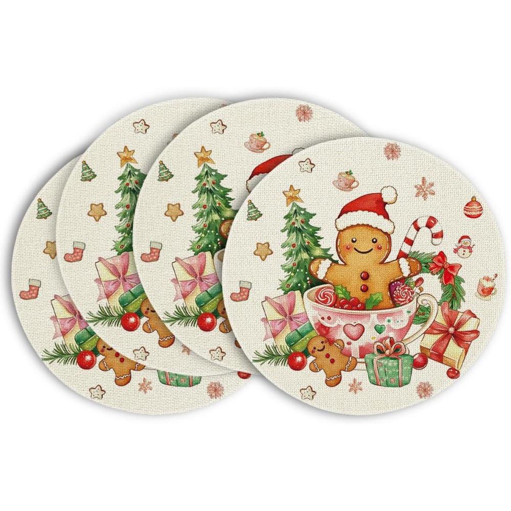 image:imageArtoid Mode Gingerbread Gifts Round Winter Placemats Set of 4 14 Inch Christmas Place Mats for Gift Party Table Dining Decoration