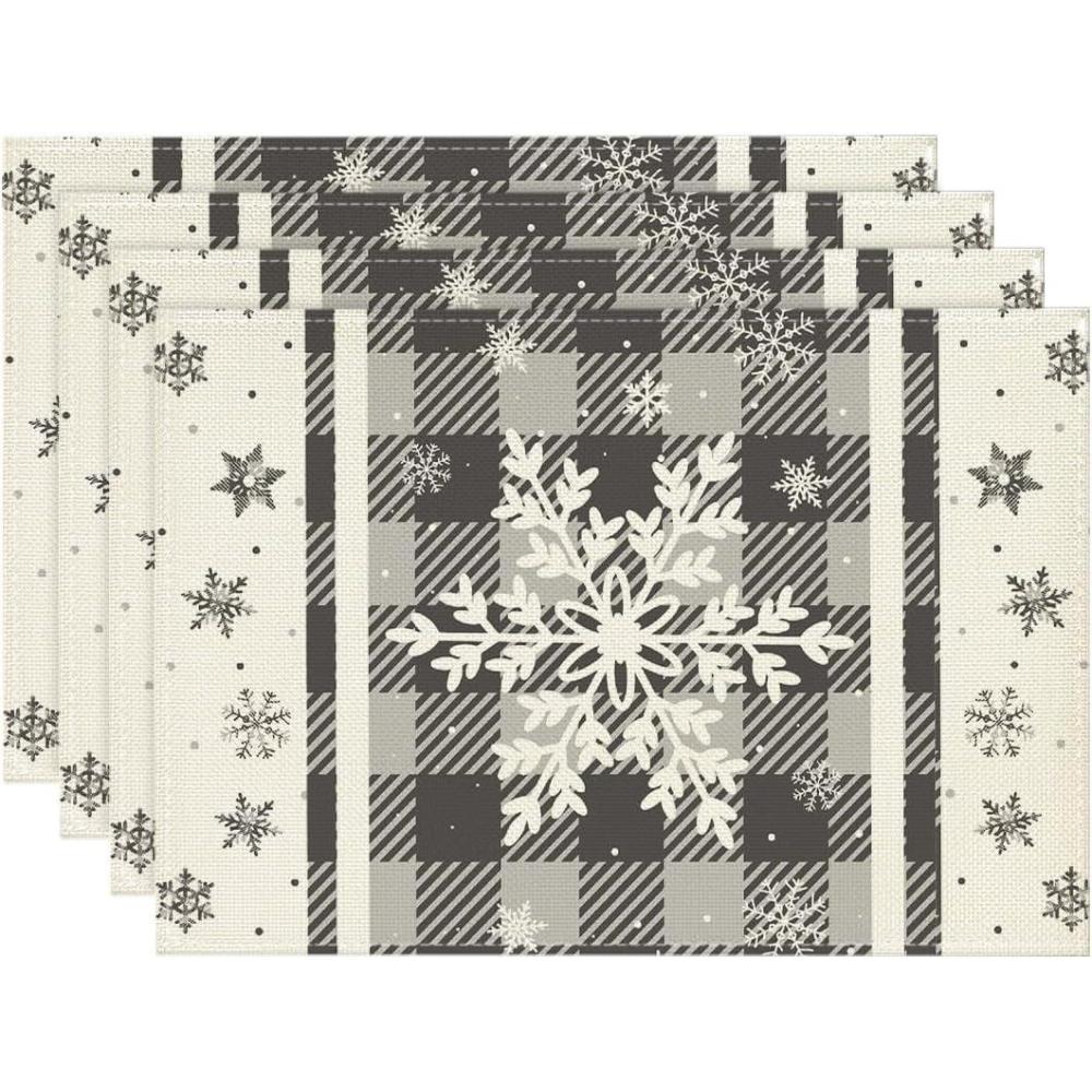 image:imageArtoid Mode Gray Buffalo Plaid Snowflakes Winter Placemats Set of 4 12x18 Inch Christmas Table Mats for Party Kitchen Dining DecorationGray