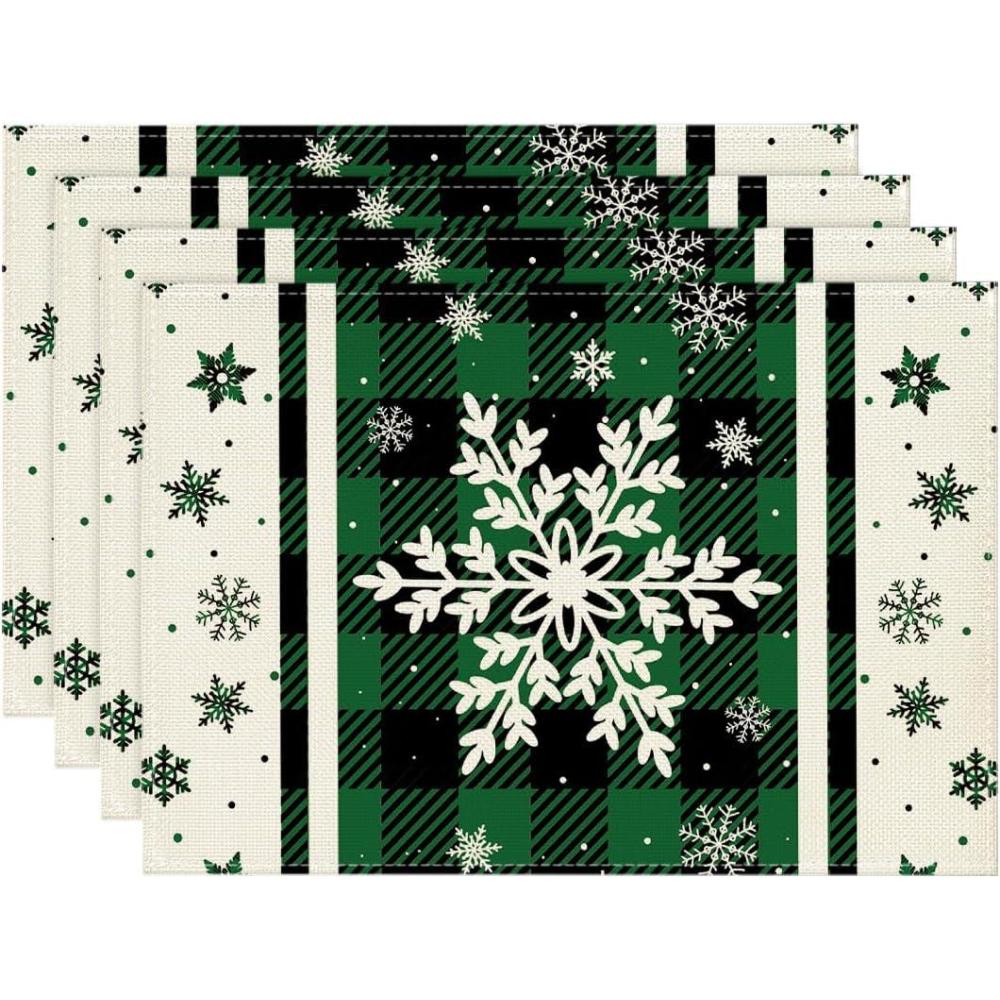 image:imageArtoid Mode Gray Buffalo Plaid Snowflakes Winter Placemats Set of 4 12x18 Inch Christmas Table Mats for Party Kitchen Dining DecorationGreen