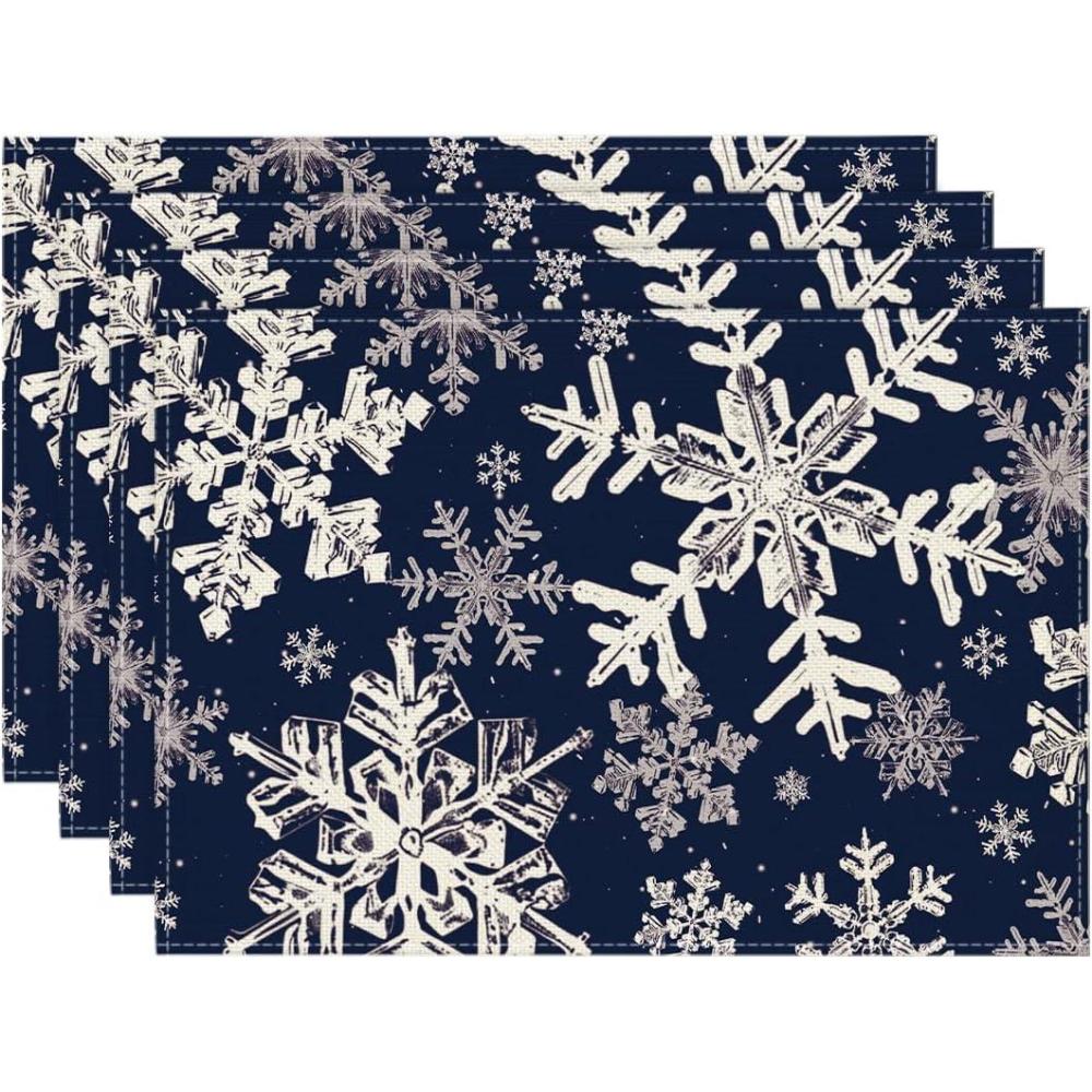 image:imageArtoid Mode Green Snowflakes Christmas Placemats for Dining Table 12 x 18 Inch Seasonal Winter Washable Table Mats Set of 4Navy Blue