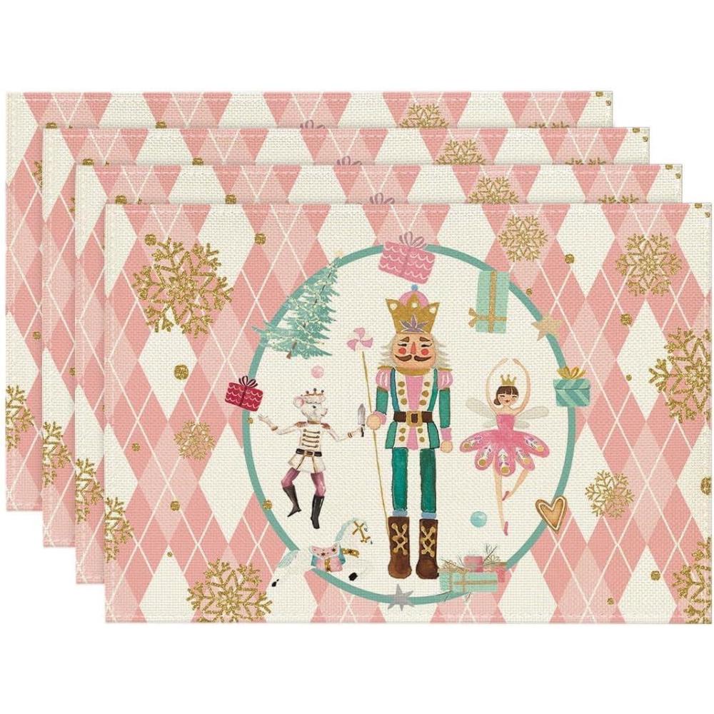 image:imageArtoid Mode Red Diamond Plaid Nutcracker Snowflake Christmas Placemats Set of 4 12x18 Inch Winter Table Mats for Home Party Kitchen Dining DecorPink