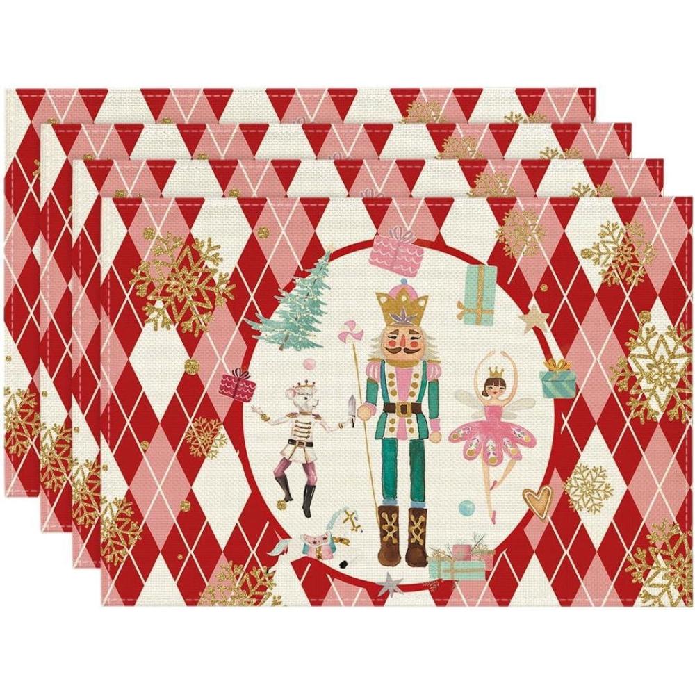 image:imageArtoid Mode Red Diamond Plaid Nutcracker Snowflake Christmas Placemats Set of 4 12x18 Inch Winter Table Mats for Home Party Kitchen Dining DecorRed