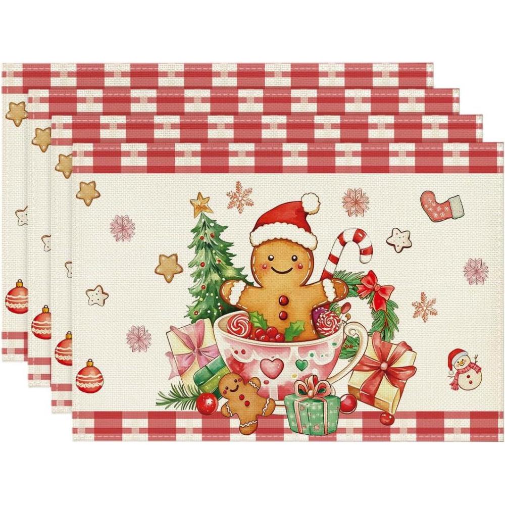 image:imageArtoid Mode Red Gingerbread Gifts Merry Christmas Placemats Set of 4 12x18 Inch Seasonal Winter Holiday Table Mats for Party Kitchen Dining Decoration