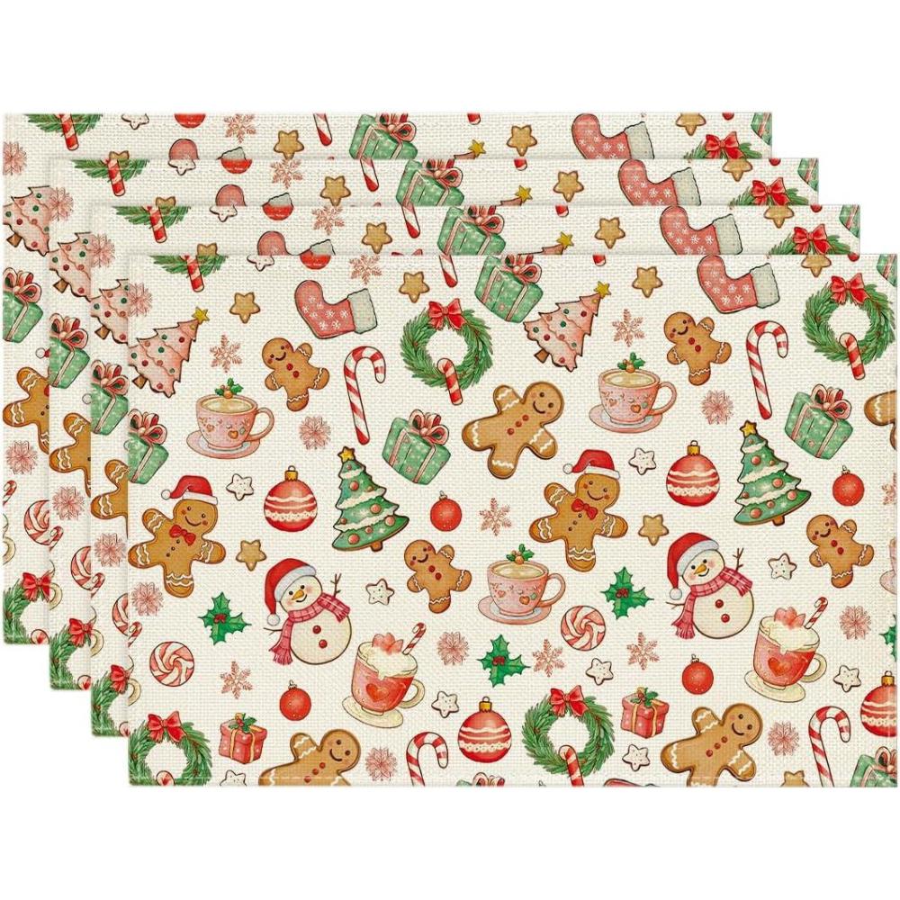 image:imageArtoid Mode Snowman Gingerbread Trees Christmas Placemats Set of 4 12x18 Inch Seasonal Winter Holiday Place Mats for Party Dining TableRed