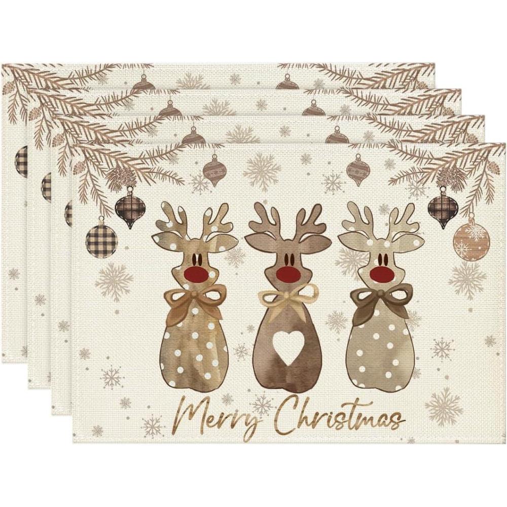 image:imageArtoid Mode Wood Reindeer Christmas Placemats Set of 4 12x18 Inch Seasonal Winter Holiday Place Mats for Party Dining TableWood
