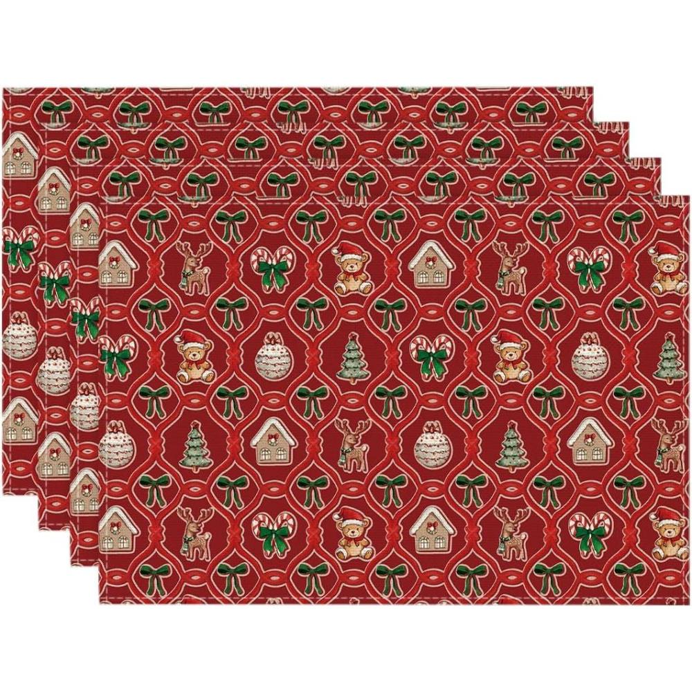 image:imageArtoid Mode Xmas Trees Balls Reindeer Christmas Placemats Set of 4 12x18 Inch Seasonal Winter Holiday Place Mats for Party Dining Table