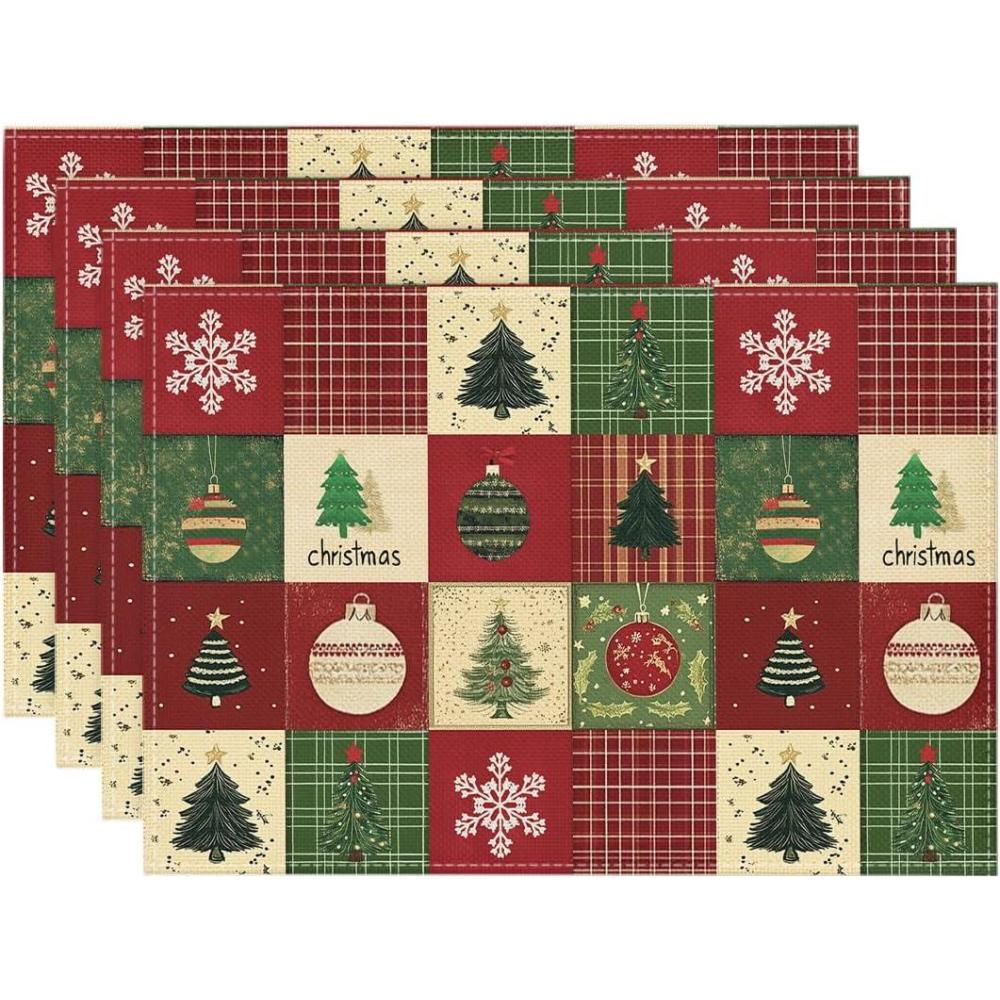 image:imageArtoid Mode Xmas Trees Christmas Balls Placemats Set of 4 12x18 Inch Table Mats for Winter New Year Holiday Party Kitchen Dining DecorationRed