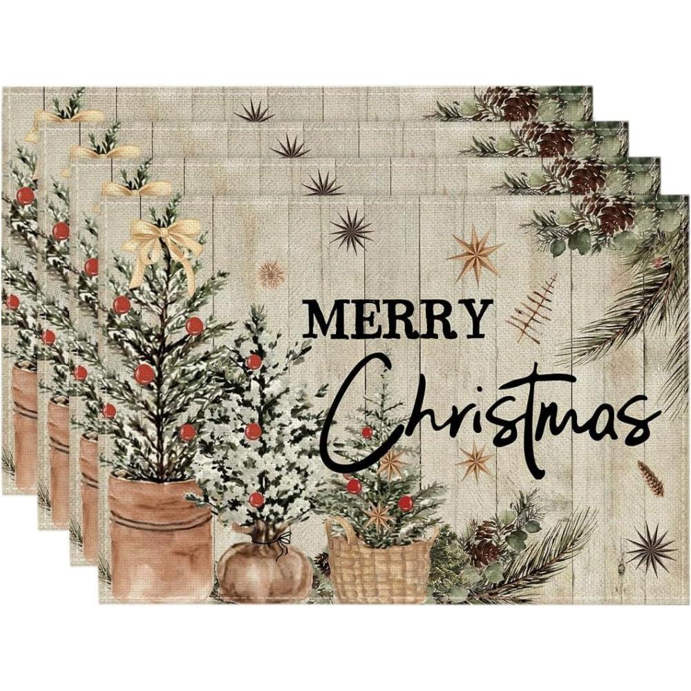 image:imageArtoid Mode Xmas Trees Holly Pine Cone Merry Christmas Placemats Set of 4 12x18 Inch Seasonal Winter Holiday Table Mats for Party Kitchen Dining DecorationWood