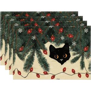 Artoid Mode Christmas Lights Cat Placemats Set of 4, 12×18 Inch Seasonal Winter Holiday Place Mats for Party Dining Table
