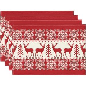 Artoid Mode Fair Isle Pattern Deers Winter Placemats Set of 4, 12×18 Inch Christmas Table Mats for Table Runner Party Kitchen Dining Decoration(Red/Beige)