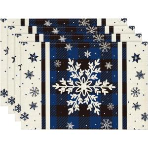 Artoid Mode Gray Buffalo Plaid Snowflakes Winter Placemats Set of 4, 12×18 Inch Christmas Table Mats for Party Kitchen Dining Decoration(Blue)