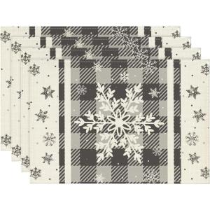 Artoid Mode Gray Buffalo Plaid Snowflakes Winter Placemats Set of 4, 12×18 Inch Christmas Table Mats for Party Kitchen Dining Decoration(Gray)