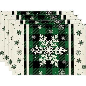 Artoid Mode Gray Buffalo Plaid Snowflakes Winter Placemats Set of 4, 12×18 Inch Christmas Table Mats for Party Kitchen Dining Decoration(Green)
