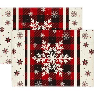 Artoid Mode Gray Buffalo Plaid Snowflakes Winter Placemats Set of 4, 12×18 Inch Christmas Table Mats for Party Kitchen Dining Decoration(Red)