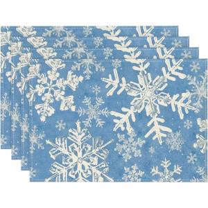 Artoid Mode Green Snowflakes Christmas Placemats for Dining Table, 12 x 18 Inch Seasonal Winter Washable Table Mats Set of 4(Blue)
