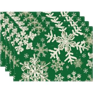 Artoid Mode Green Snowflakes Christmas Placemats for Dining Table, 12 x 18 Inch Seasonal Winter Washable Table Mats Set of 4(Green)