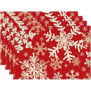 Artoid Mode Green Snowflakes Christmas Placemats for Dining Table, 12 x 18 Inch Seasonal Winter Washable Table Mats Set of 4(Red)