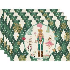 Artoid Mode Red Diamond Plaid Nutcracker Snowflake Christmas Placemats Set of 4, 12×18 Inch Winter Table Mats for Home Party Kitchen Dining Decor(Green)