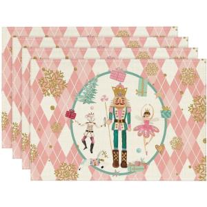Artoid Mode Red Diamond Plaid Nutcracker Snowflake Christmas Placemats Set of 4, 12×18 Inch Winter Table Mats for Home Party Kitchen Dining Decor(Pink)